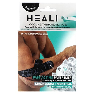 Heali Medical Corp, Kylande terapeutisk kinesiologitejp, svart, 20 förskurna remsor i 100 % bomull