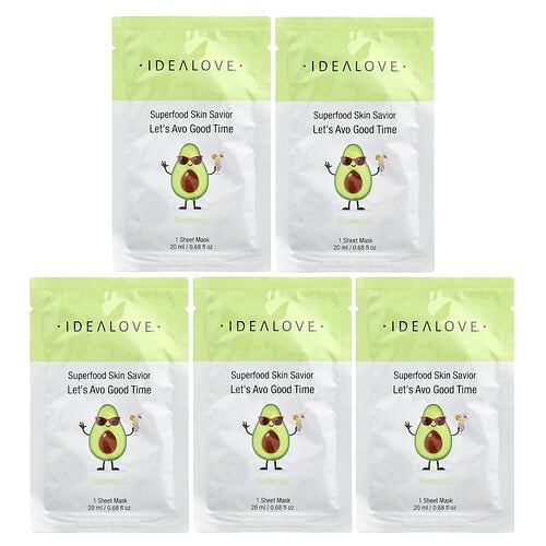 Idealove, Superfood Skin Savior, Let's Avo Good Time, 5 Beauty Sheet Masks, 0,68 fl oz (20 ml) vardera