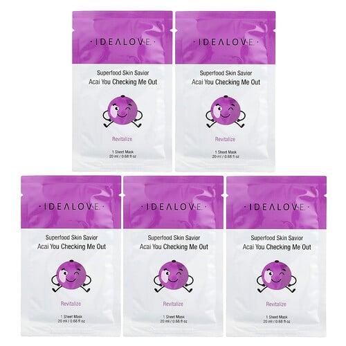 Idealove, Superfood Skin Savior, Acai You Checking Me Out, 5 Beauty Sheet Masks, 0.68 fl oz (20 ml) vardera