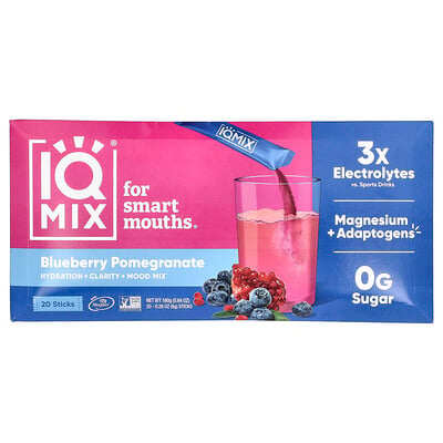 IQBAR, IQMIX®, Hydration + Clarity + Mood Mix, Blåbär Granatäpple, 20 stickor, 8 g styck