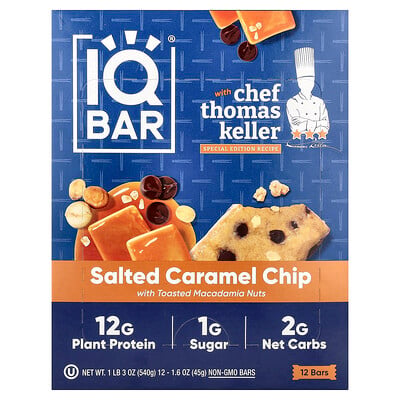 IQBAR, Växtproteinbar, saltad karamellchips med rostade macadamianötter, 12 barer, 1.6 oz (45 g) vardera