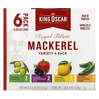 King Oscar, Kungliga filéer, makrill, variation 6-pack, 6 burkar, 4.05 oz (115 g) vardera