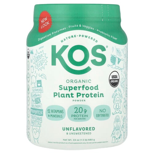 KOS, Ekologiskt superfood växtproteinpulver, smaklöst och osötat, 1,5 lb (680 g)