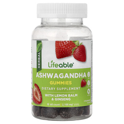 Lifeable, Ashwagandha-godisar med citronmeliss och ginseng, jordgubb, 60 godisar