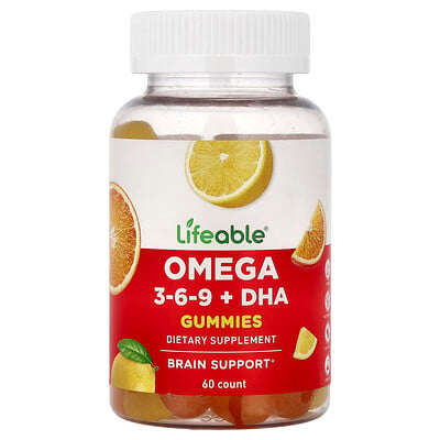 Lifeable, Omega 3-6-9 + DHA-godis, apelsin och citron, 60 godisar