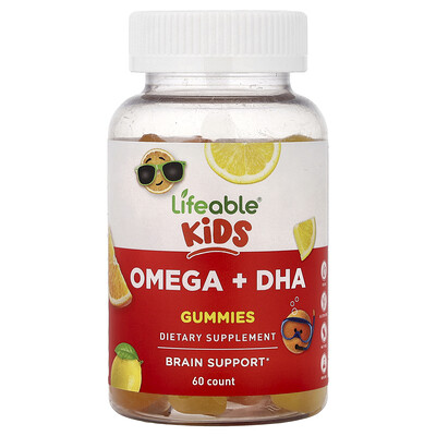 Lifeable, Barn, Omega + DHA-godisar, Apelsin och citron, 60 godisar