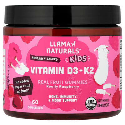 Llama Naturals, Barnvitamin D3 + K2, riktiga fruktgodisar, riktigt hallon, 60 godisar