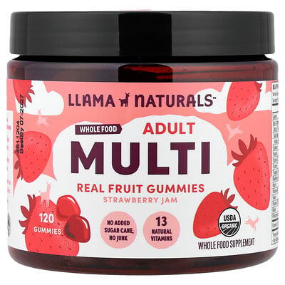 Llama Naturals, Vuxen växtbaserad multivitamin, riktiga fruktgodisar, jordgubbssylt, 120 godisar