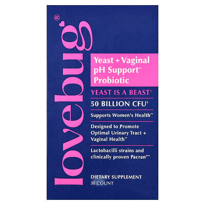 LoveBug Probiotics, Jäst + probiotika för vaginalt pH-stöd, 50 miljarder CFU, 30 kapslar