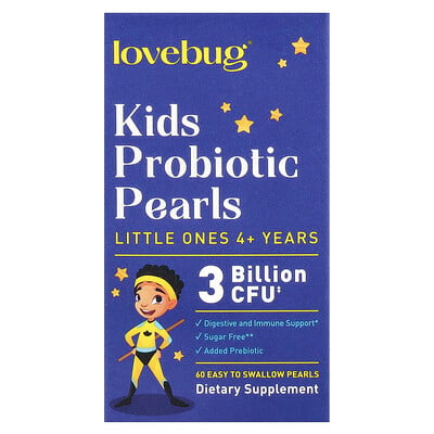 LoveBug Probiotics, Barn Probiotika Pärlor, 4+ år, 3 miljarder CFU, 60 Pärlor som är lätta att svälja