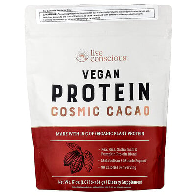 Live Conscious, Veganskt protein, kosmisk kakao, 484 g