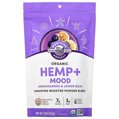 Manitoba Harvest, Organisk hampa + humör, smoothieboosterpulverblandning, ashwagandha och citronmeliss, 213 g