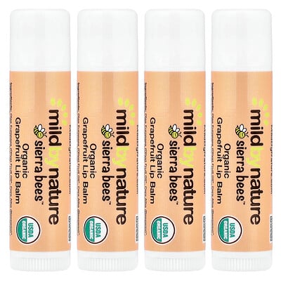 Mild By Nature, Sierra Bees™, ekologiska läppbalsam, grapefrukt, 4-pack, 0,15 oz (4,25 g) styck