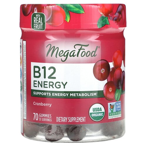 MegaFood, B12 Energi, Tranbär, 70 Gummies