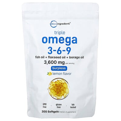 Micro Ingredients, Trippel Omega 3-6-9, Citron, 300 mjukgelkapslar