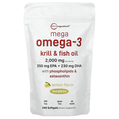 Micro Ingredients, Mega Omega-3 Krill & Fiskolja Med Fosfolipider & Astaxantin, Citron, 240 Softgels