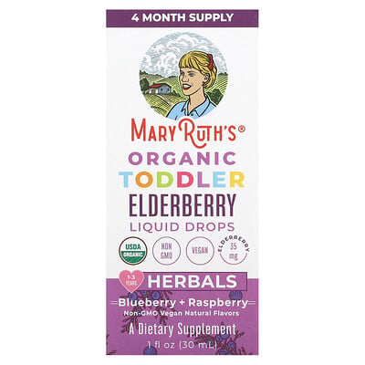 MaryRuth's, Ekologiska flytande droppar för fläderbär för småbarn, blåbär + hallon, 35 mg, 1 fl oz (30 ml)