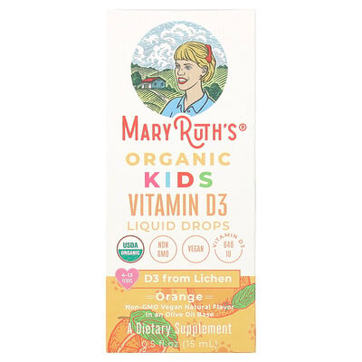 MaryRuth's, Ekologiska flytande vitamin D3-droppar för barn, 4–13 år, apelsin, 640 IE, 15 ml
