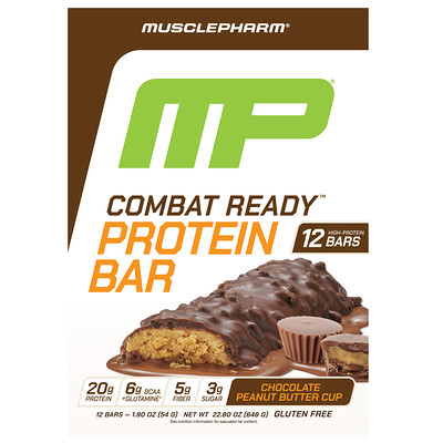 MusclePharm, Combat Ready™ Proteinbar, Choklad-jordnötssmörkopp, 12 barer, 54 g styck