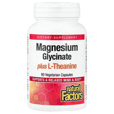 Natural Factors, Magnesiumglycinat plus L-teanin, 90 vegetariska kapslar