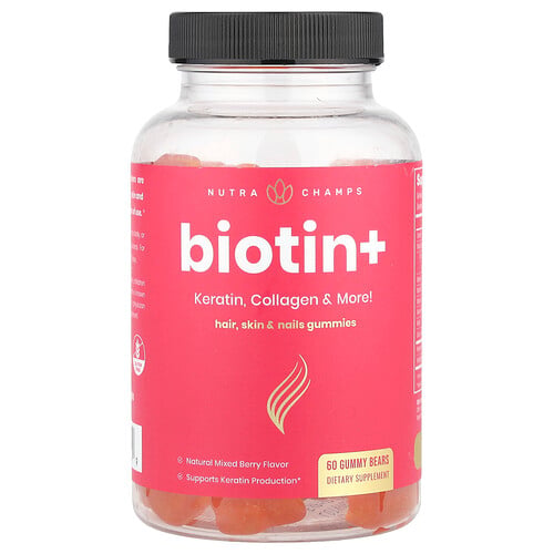 NutraChamps, Biotin+, blandade bär, 60 gummibjörnar