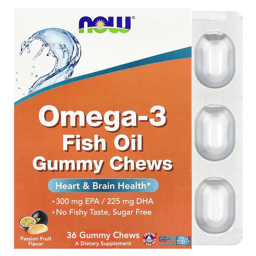 NOW Foods, Omega-3 fiskolja gummitugg, passionsfrukt, 36 gummitugg