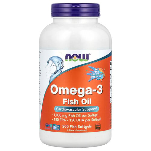 NOW Foods, Omega-3 fiskolja, 1 000 mg, 200 fiskkapslar