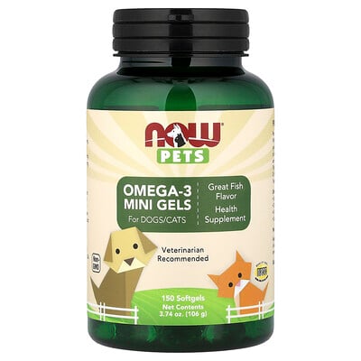 NOW Foods, Husdjur, Omega-3 Mini Geler, För hundar/katter, Fisk, 150 mjukgeler, 106 g