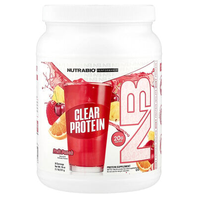 NutraBio, Klart proteinpulver, vassleproteinisolat, fruktpunch, 511 g