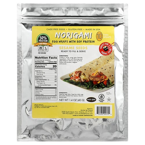 Norigami, Äggwraps med sojaprotein, sesamfrön, 10 tunna wraps, 1.4 oz (40 g) Norigami, Äggwraps med sojaprotein, sesamfrön, 10 tunna wraps, 1.4 oz (40 g)