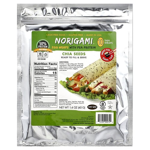 Norigami, Äggwraps med ärtprotein, chiafrön, 10 tunna wraps, 1.4 oz (40 g) Norigami, Äggwraps med ärtprotein, chiafrön, 10 tunna wraps, 1.4 oz (40 g)