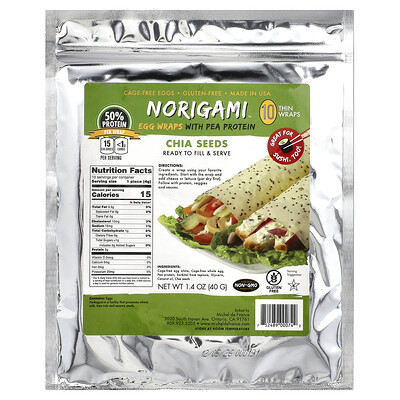 Norigami, Äggwraps med ärtprotein, chiafrön, 10 tunna wraps, 1.4 oz (40 g)
