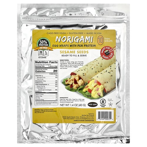 Norigami, Äggwraps med ärtprotein, sesamfrön, 10 tunna wraps, 1.4 oz (40 g) Norigami, Äggwraps med ärtprotein, sesamfrön, 10 tunna wraps, 1.4 oz (40 g)