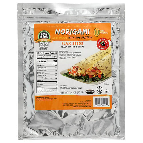 Norigami, Äggwraps med sojaprotein, linfrön, 10 tunna wraps, 1.4 oz (40 g) Norigami, Äggwraps med sojaprotein, linfrön, 10 tunna wraps, 1.4 oz (40 g)