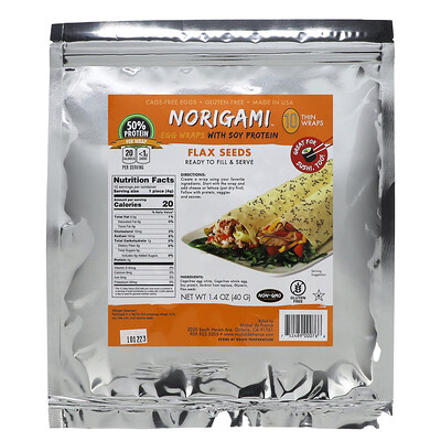 Norigami, Äggwraps med sojaprotein, linfrön, 10 tunna wraps, 1.4 oz (40 g)