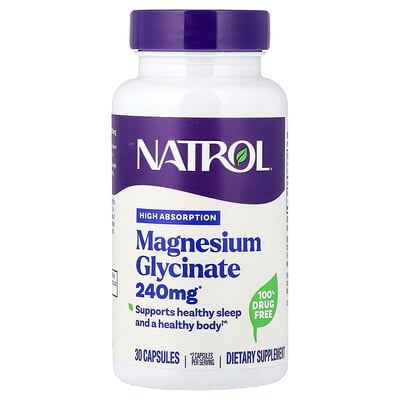Natrol, Magnesiumglycinat, hög absorption, 30 kapslar (120 mg per kapsel)
