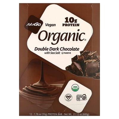 NuGo Nutrition, Organic® Proteinbars, Dubbel mörk choklad med havssalt, 12 barer, 50 g styck