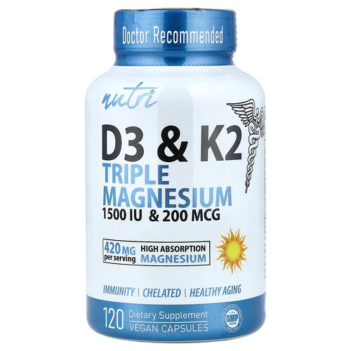 Nutri, D3 & K2 Trippelmagnesium, 120 veganska kapslar