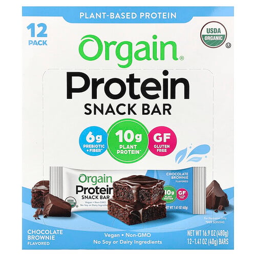 Orgain, Protein Snack Bar, Choklad Brownie, 12 barer, 1.41 oz (40 g) vardera