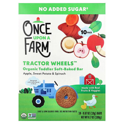 Once Upon A Farm, Tractor Wheels™, ekologisk mjukbakad bar för småbarn, äpple, sötpotatis och spenat, 10 barer, 19 g styck