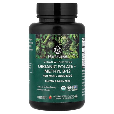 PlantFusion, Vegansk fullvärdig mat, ekologisk folat + metyl B12, naturliga bär, 60 sugtabletter