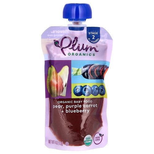 Plum Organics, Ekologisk barnmat, 6+ månader, päron, lila morot och blåbär, 4 oz (113 g)
