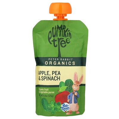 Pumpkin Tree Organics, Peter Rabbit Ekologisk, ekologisk frukt- och grönsakspuré, äpple, ärtor och spenat, 4.4 oz (125 g)