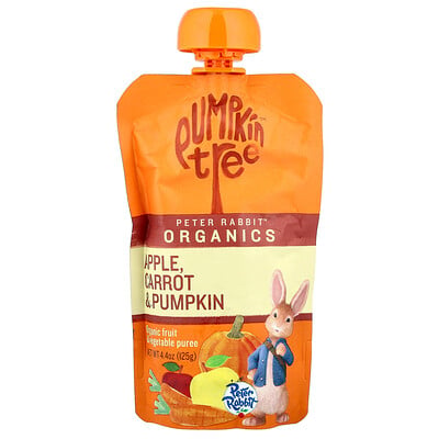 Pumpkin Tree Organics, Peter Rabbit Organics, ekologisk frukt- och grönsakspuré, äpple, morot och pumpa, 4.4 oz (125 g)