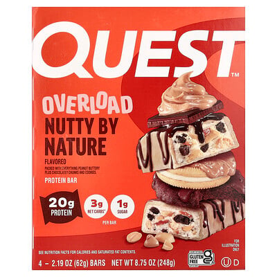 Quest Nutrition, Overload Proteinbar, Nötig av Natur, 4 barer, 62 g styck