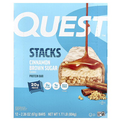 Quest Nutrition, Stacks, Proteinbar, Kanel och brunt socker, 12 barer, 67 g styck