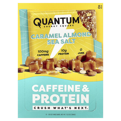 Quantum Energy Square, Koffein- och proteinbar, karamellmandel och havssalt, 8 barer, 48 g styck