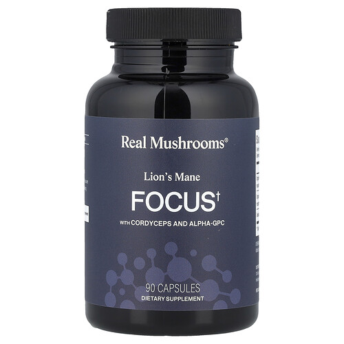 Real Mushrooms, Fokus, Lejonman med Cordyceps och Alpha-GPC, 90 kapslar