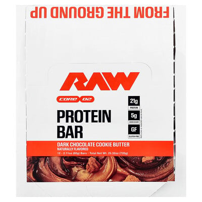 Raw Nutrition, Protein Bar, Dark Chocolate Cookie Butter, 12 Bars, 2.11 oz (60 g) Each