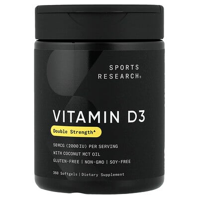 Sports Research, Vitamin D3, dubbel styrka, 50 mcg (2 000 IE), 360 softgels